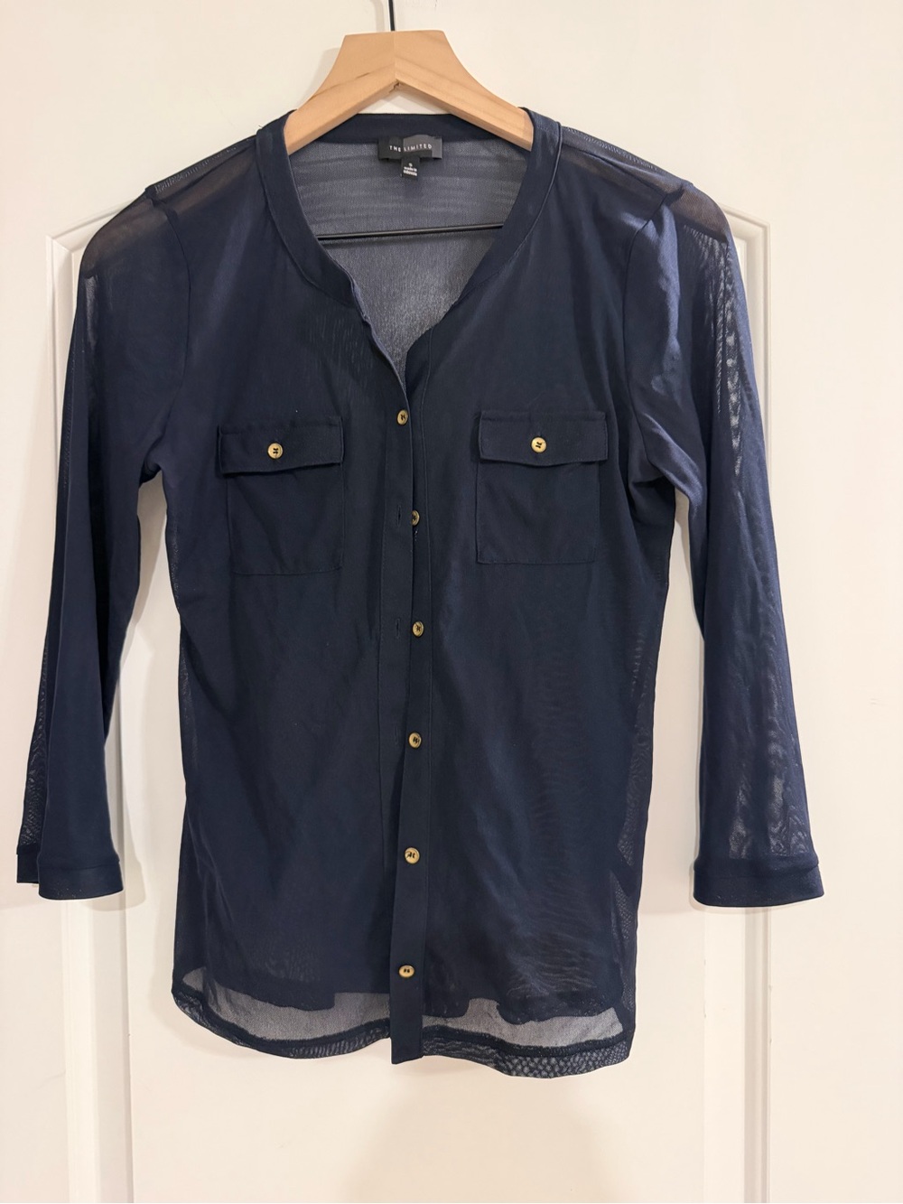 The Limited Navy Sheer Button-Front Blouse with Gold Buttons